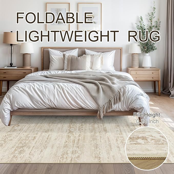 8x10 Area Rugs for Living Room, Stain Resistant Neutral Washable Rugs for Dining Room, Floral Vintage Non-Slip Thin Large Size Area Rug Beige Ivory