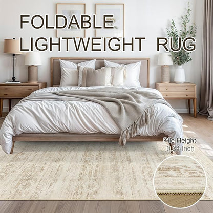 8x10 Area Rugs for Living Room, Stain Resistant Neutral Washable Rugs for Dining Room, Floral Vintage Non-Slip Thin Large Size Area Rug Beige Ivory
