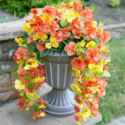 HyeFlora Hibiscus Fall Flowers Artificial Hanging Flowers Plants for Outdoors Autumn Decoration, 4pcs Silk Hibiscus Vines Realistic UV Resistant Faux Flowers for Outside Planters Yard Garden Home, Mix
