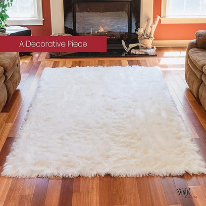 Silky Soft Faux Fur Shaggy Rug, 8 ft. x 10 ft. White Fluffy Sheepskin Area Carpet, Rectangle Shape for Living Room, Bedroom, Kid's Room, or Nursery, Machine Washable with Non-Slip Backing