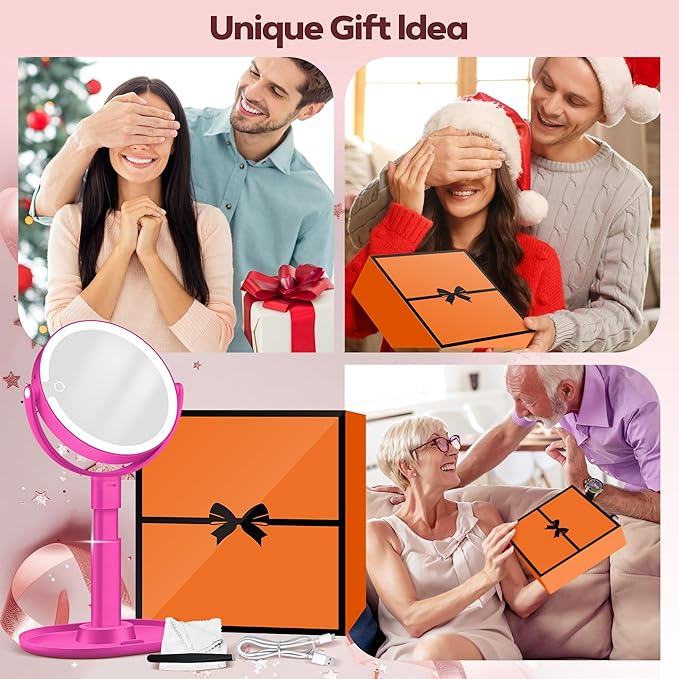 Makeup Mirror with Lights, 30X Magnifying & Height Adjustable, Lighted Magnifying Mirror with 3 Light Modes and Stepless Dimming, Vanity Mirrors for Bathroom, Birthday Gift for Women, Hotpink