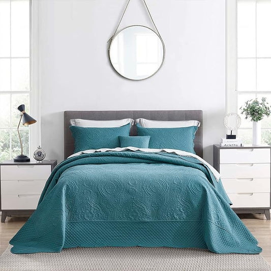HZ & HY Oversized King Bedspread 128x120 Extra Wide, Ultrasonic, Lightweight, Reversible, 5 Pieces, 100% Microfiber, Lagoon