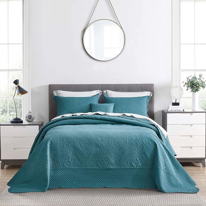 HZ & HY Oversized King Bedspread, Ultrasonic Coverlet Bedding Set, Lightweight Thin Comforter, Reversible, 5 Piece, 100% Microfiber, Lagoon