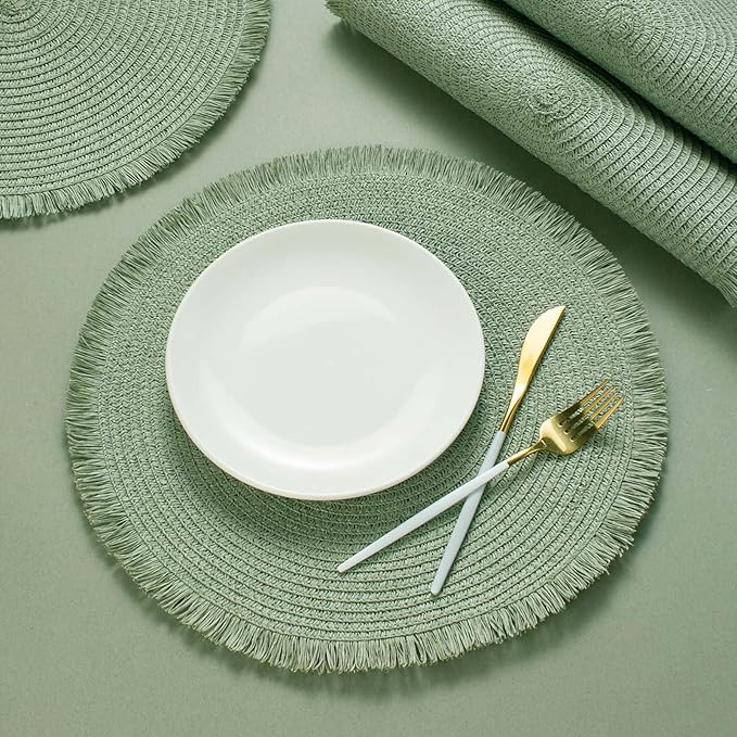 FunWheat Paper Round Braided Placemats Set of 8 for Dining Tables 15 Inch Heat Resistant Table Mats Farmhouse Woven Fabric Natural Place mats for Decoration with Tassel(Fog Green,8pcs)