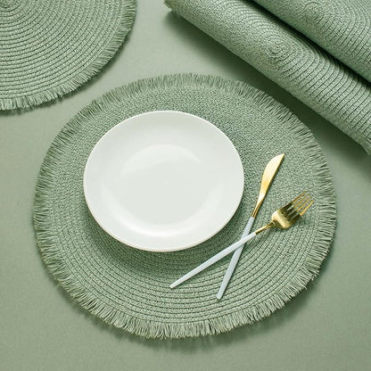 FunWheat Paper Round Braided Placemats Set of 8 for Dining Tables 15 Inch Heat Resistant Table Mats Farmhouse Woven Fabric Natural Place mats for Decoration with Tassel(Fog Green,8pcs)