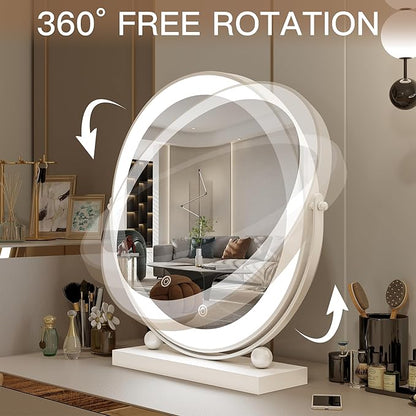 ROLOVE 13 Inch Vanity Mirror with Lights, Round Make Up Mirror with Lighting, LED Mirror Makeup Mirror with Lights for Bedroom Tabletop, Smart Touch Control, 360° Rotation (White)