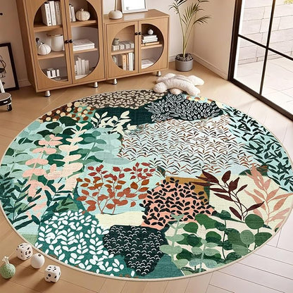DEXDE Round Rug 6ft Washable Circle Area Rugs, Non Slip Low Pile Boho Floral Large Circular Carpet for Bedroom Bathroom Entryway Kids Room Office Dining Room, Dark Green