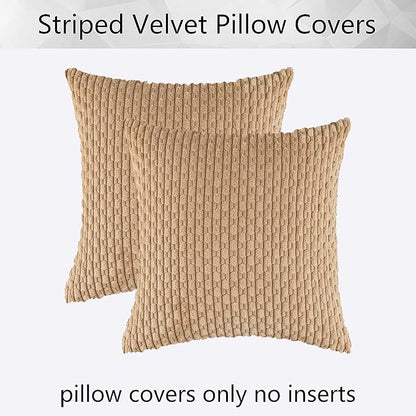 Kevin Textile Throw Pillow Covers Soft Corduroy Decorative Set of 2 Boho Striped Pillow Covers Pillowcases Farmhouse Home Decor for Couch Bed Sofa Living Room 18x18 Inch Tan