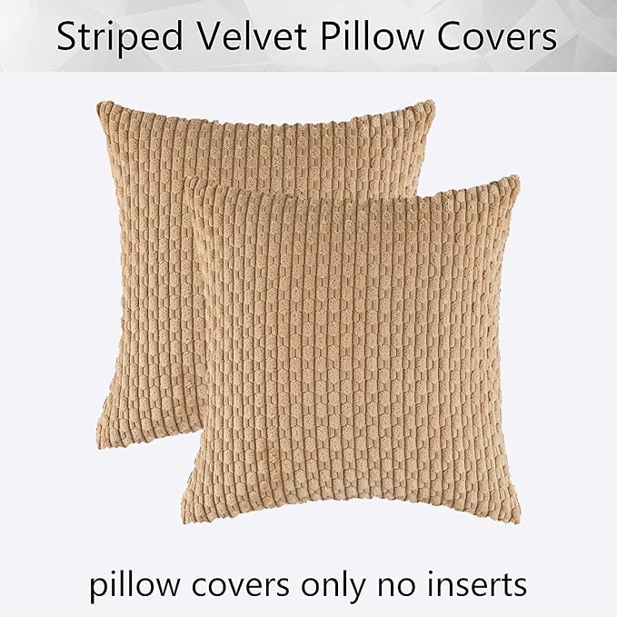 Kevin Textile Pack of 2 Tan Corduroy Decorative Throw Pillow Covers 24x24 Inch Soft Boho Striped Pillow Covers Modern Farmhouse Home Decor for Autumn Sofa Living Room Couch Bed