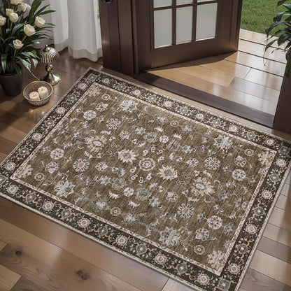 Tangsoo 2x3 Small Rug Washable Brown Entry Rugs for Entryways Non-Slip Vintage Floral Throw Area Rugs Boho Rugs Distressed Floor Carpet Soft Low Pile Door Mat for Entrance Bedroom Kitchen Foyer Decor