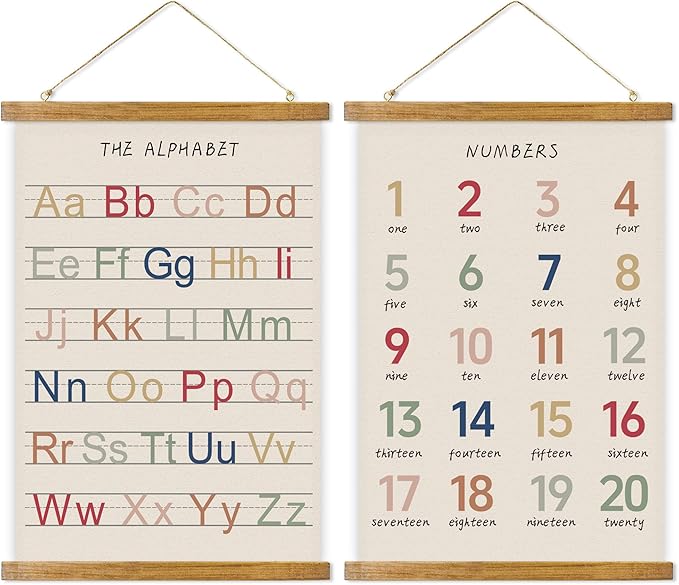 ABoby Vintage Illustrated Alphabet Numbers Chart Posters - Educational Nursery Wall Art for Classroom Homes - Retro Style Painting with Wood Frames - Ready to Hang