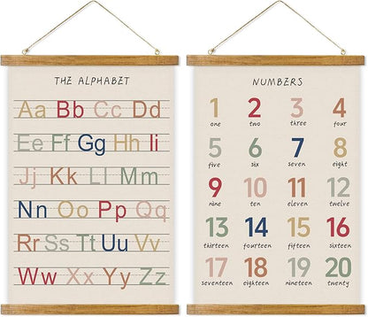 ABoby Vintage Illustrated Alphabet Numbers Chart Posters - Educational Nursery Wall Art for Classroom Homes - Retro Style Painting with Wood Frames - Ready to Hang
