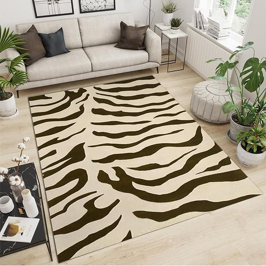 Black Brown Zebra Stripes Area Rug, Animal Inspired Art Print Large Rugs, Machine Washable Breathable Durable Carpet for Boys and Girls Nursery Bed Living Room Carpets Nursery Decor Rug,5 x 6ft