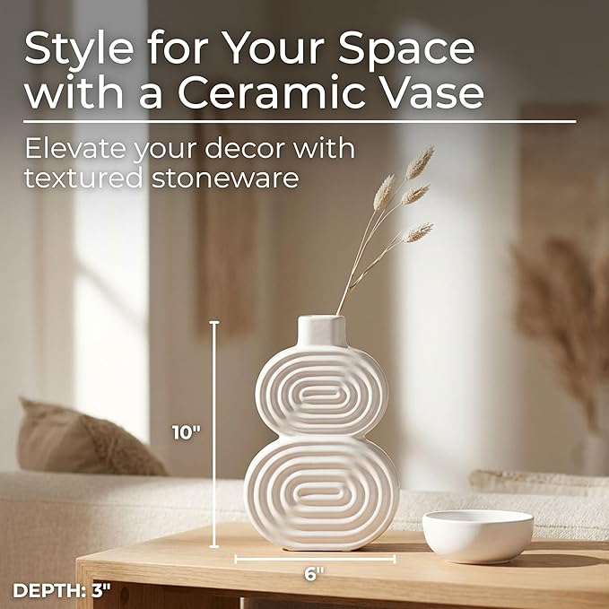 Decorative Flower Vase for Home Decor – Ceramic Modern Flower Vase with Stacked Design, Stylish Table Centerpiece for Living Room or Entry Display - Boho for Faux Flowers and Greenery – 10", White