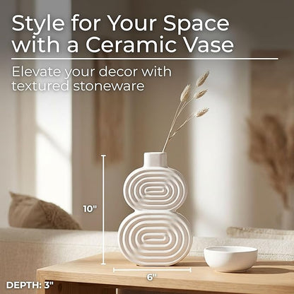 Decorative Flower Vase for Home Decor – Ceramic Modern Flower Vase with Stacked Design, Stylish Table Centerpiece for Living Room or Entry Display - Boho for Faux Flowers and Greenery – 10", White