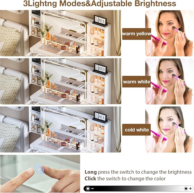 White Makeup Vanity Desk with Lighted Mirror & Power Outlet,3 Color Modes, Brightness Adjustable,Vanity Table with Drawer,Sliding 2 Storage Wall-Mounted Jewelry