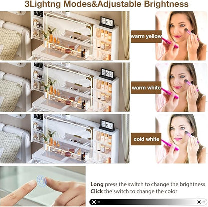 White Makeup Vanity Desk with Lighted Mirror & Power Outlet,3 Color Modes, Brightness Adjustable,Vanity Table with Drawer,Sliding 2 Storage Wall-Mounted Jewelry