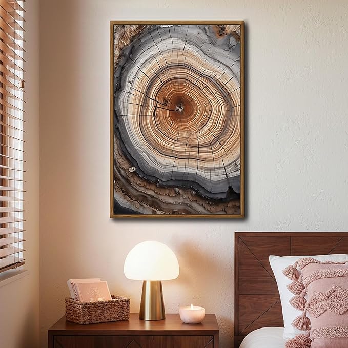 IBHJSART Framed Tree Ring Canvas Wall Art Vintage Colorful Wood Stump Painting Prints Modern Minimalist Pictures Neutral Nature Rustic Farmhouse Decor Living Room Bedroom Bathroom Office