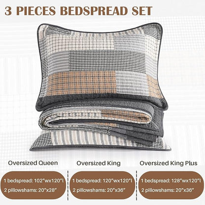 120"x102" Cotton Oversized Queen Bedspread Coverlet, Gray Plaid Extra Large Quilt Set with Pillow Shams, Lightweight Farmhouse Reversible Quilted Bedspreads, All Season, 3 Piece