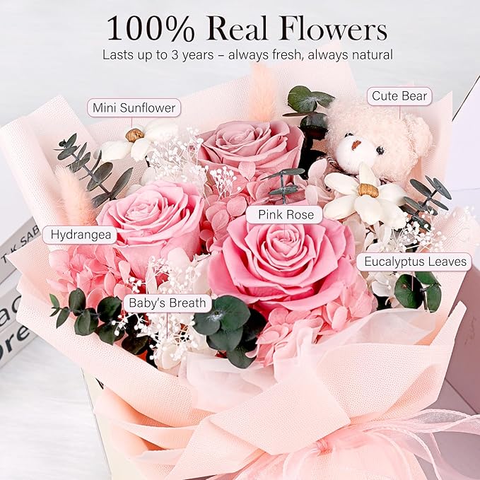 Preserved Flowers Bouquet with Bear, 3 Real Forever Flowers for Delivery, Long-Lasting Pink Eteranl Roses Bouquet, Anniversary Birthday Valentine Gifts for Women Mom Grandma Her Wife Girlfriend