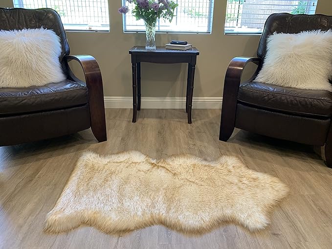 LAMBZY Faux Sheepskin Super Soft Hypoallergenic Silky Shag Rug for Living Room, Kids Room, Sofa (Single and a Half 2'x4'6", White/Brown Tips)