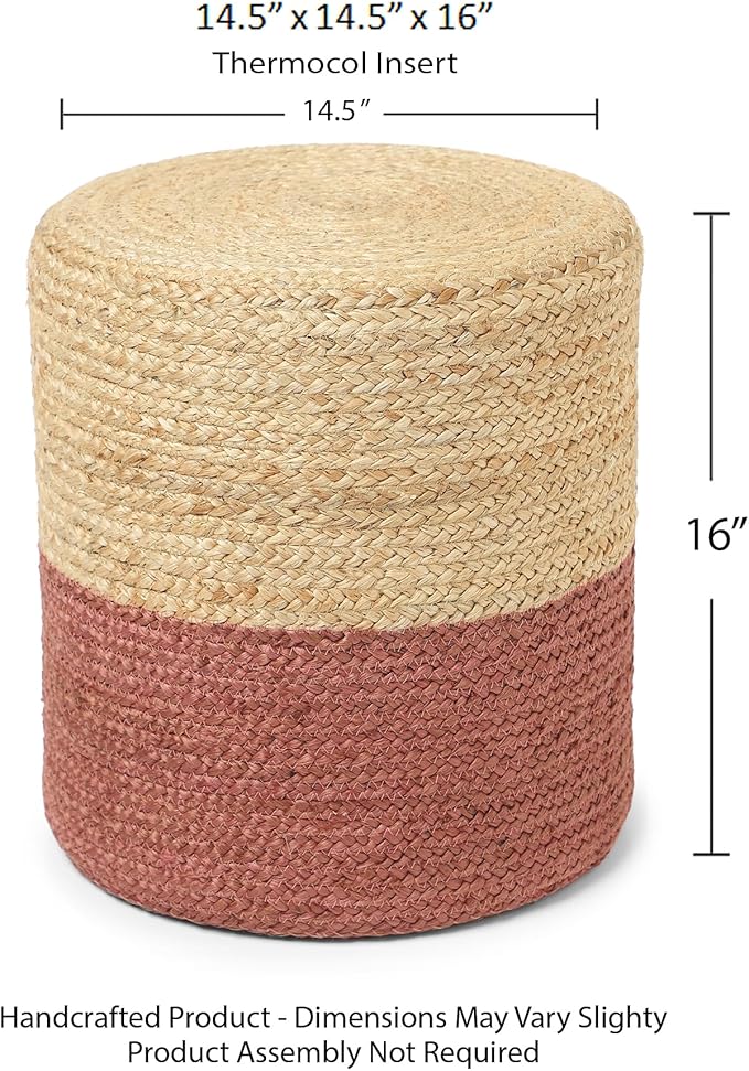 REDEARTH · Cylindrical Pouf Foot Stool Ottoman - Jute Braided Pouffe Poof Accent Sitting Footrest for Living Room, Bedroom, Nursery, Patio, Lounge (Natural Rust, 14.5"X14.5"X16")