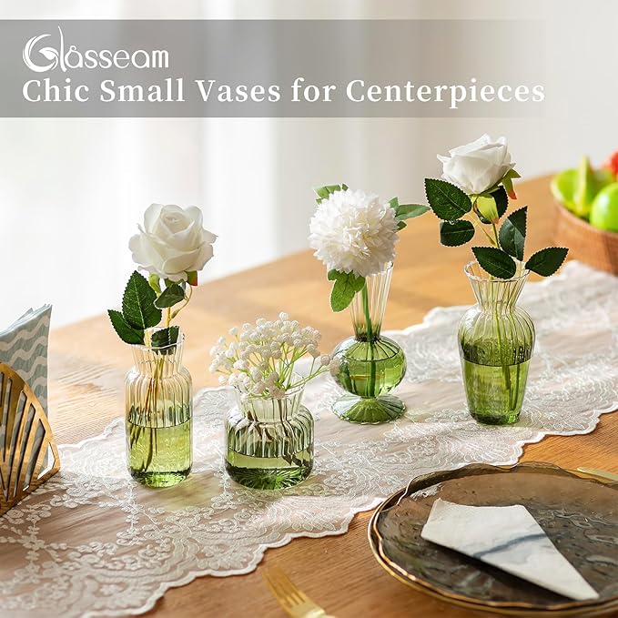 Glasseam Glass Bud Vase for Flowers: Green Small Vases for Centerpieces Modern Handmade Mini Vase for Wedding Party Table Home Decor Unique Decorative Ribbed Flower Vase Set of 8