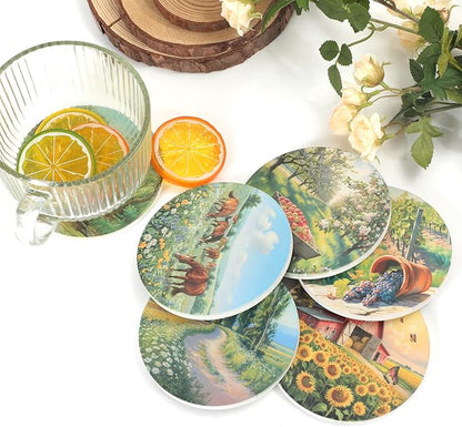 Ceramic Coasters Set of 6 with Holder, Farmhouse Style, Absorbent Drink Coaster Set for Home Decor, Cups, Mugs and Glasses (Golden Farm Scene)