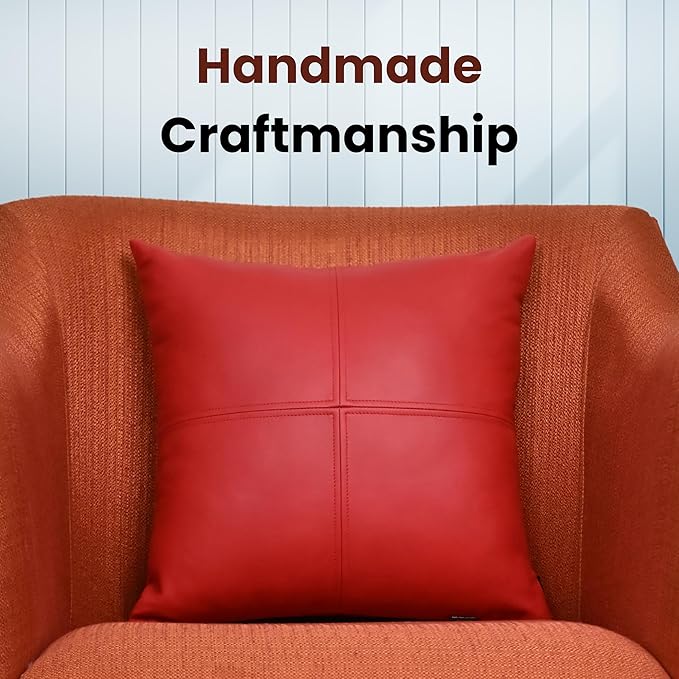 LL LEATHER LOVERS Lambskin Leather Pillow Cover, Hand Panel Stitched Leather Decorative Throw Pillow Covers for Couch Sofa Bed Living Room Garden (18x18 Inches, Cherry Red Pack of 2)
