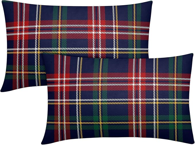 Christmas Tartan Lumbar Pillow Covers 12x20 Set of 2 Navy Blue Green Red Plaid Print Decorative Outdoor Xmas Throw Pillow Cases Winter Holiday Decoration Farmhouse Sofa Couch Cushion Cover Bed Decor