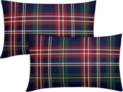 Christmas Tartan Lumbar Pillow Covers 12x20 Set of 2 Navy Blue Green Red Plaid Print Decorative Outdoor Xmas Throw Pillow Cases Winter Holiday Decoration Farmhouse Sofa Couch Cushion Cover Bed Decor
