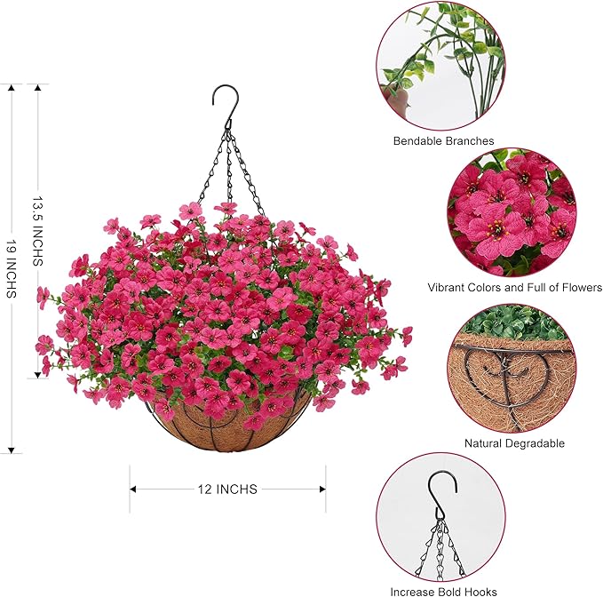 Artificial Fake Hanging Plants Flowers Basket Outdoors Outside Summer Decoration,Hanging Planters with Faux Silk Flowers Realistic UV Resistant for Home Indoor Porch Front Patio Balcony Garden Fuchsia