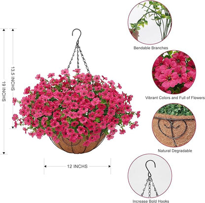 Artificial Fake Hanging Plants Flowers Basket Outdoors Outside Summer Decoration,Hanging Planters with Faux Silk Flowers Realistic UV Resistant for Home Indoor Porch Front Patio Balcony Garden Fuchsia