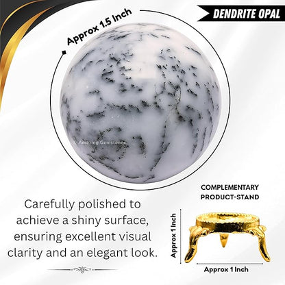 Amazing Gemstone Dendrite Opal Crystal Ball with Stand - 1.5 Inches Crystal Sphere Meditation Balls for Witchcraft and Decorative Balls