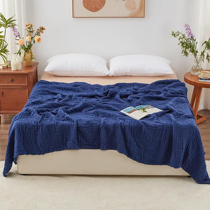 Love's cabin 6 Layer 100% Cotton Muslin Blanket, 90"x90" Muslin Blanket Queen for Couch Bed, Lightweight and Breathable Cotton Gauze for Adult, Navy Blue