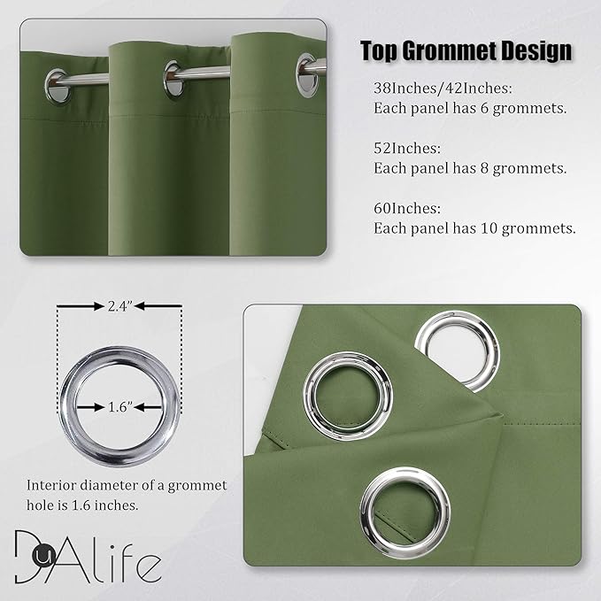 DUALIFE Sage Green Solid Curtains for Bedroom Short Small Window Treatment Blackout Thermal Insulated Curtain Panels 38 by 54 Inch Length with Grommet Set of 2 Panels