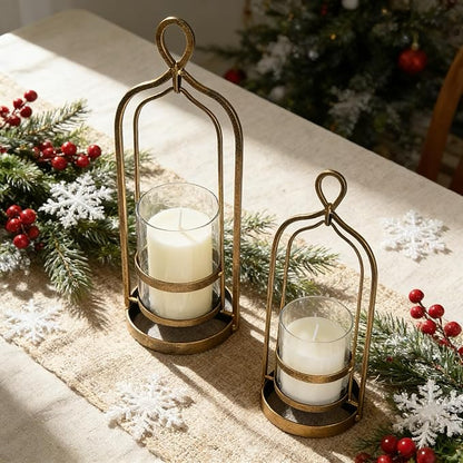 Glass Hurricane Candle Holders, Pillar Candle Holders, Metal Windproof Lantern for Industrial, Modern Farmhouse, Traditional & Vintage Home Decor, Wedding, Party, Antique Gold