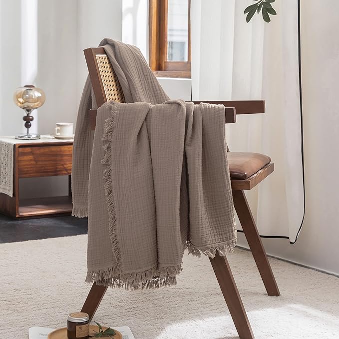 FOSSA Muslin Blanket with Fringe - 4-Layer 100% Cotton Gauze Super Soft & Breathable Throw -Lightweight Decorative Cooling Blanket for Bed, Sofa, Office (Pale Brown, Twin XL (66" × 90"))