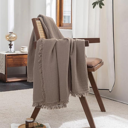 FOSSA Muslin Blanket with Fringe - 4-Layer 100% Cotton Gauze Super Soft & Breathable Throw -Lightweight Decorative Cooling Blanket for Bed, Sofa, Office (Pale Brown, Oversize Queen (98" × 98"))