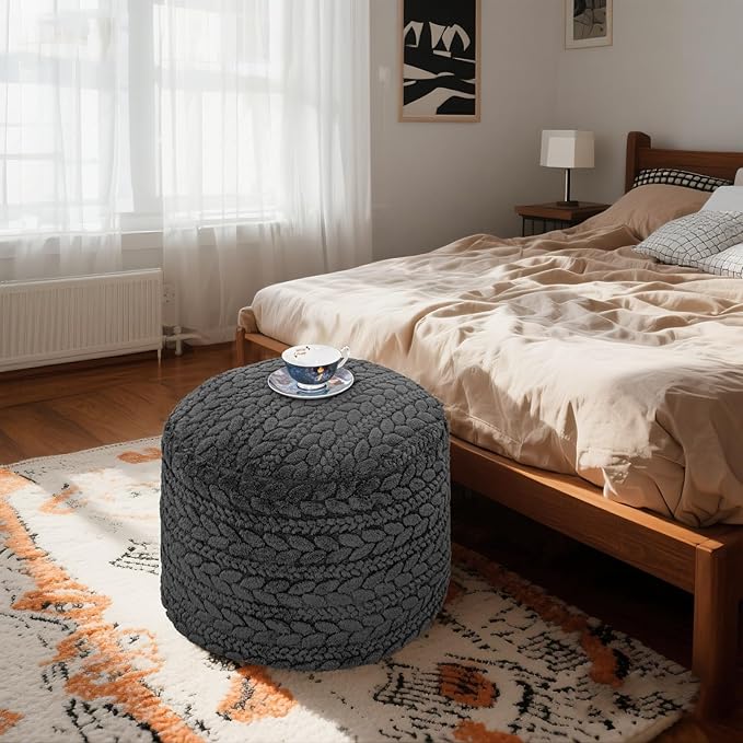 Unstuffed Ottoman Pouf Cover – Round Faux Fur Footstool Plush Floor Pouf (No Filler Included) Perfect for Living Room, Bedroom, or Office Lounge (Gray, 26x26x18 in)