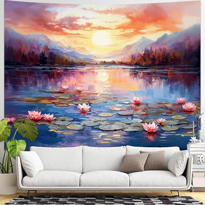 kampdream Landscape Tapestry, Scenery Art Wall Tapestries, Nature Wall Decor for Bedroom Living Room Backdrop Sunset Pond Lotus 44×60 inches