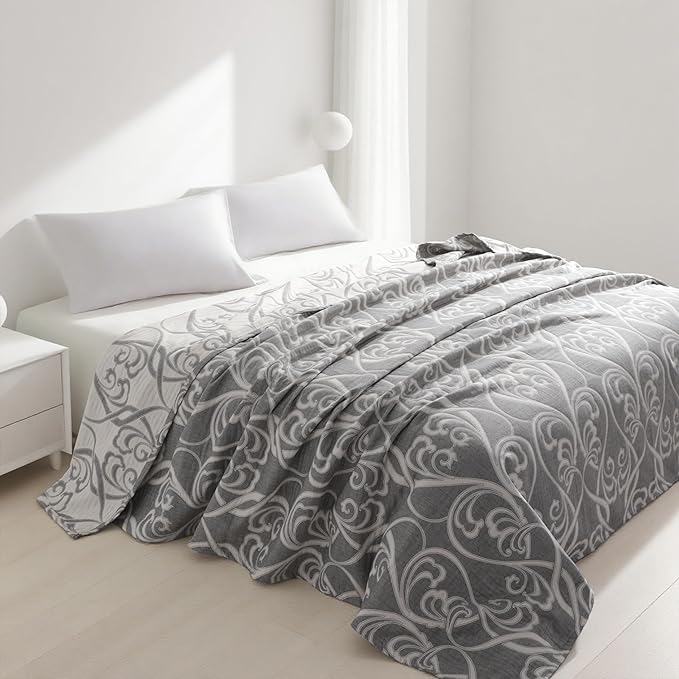 NTBAY 3 Layers Cotton Muslin 106x92 King Bed Blanket, Super Soft Breathable Thermal Yarn Dyed Quilt for Adults, Perfect Lightweight Blanket for Couch Sofa Bed All Seasons, Grey Paisley