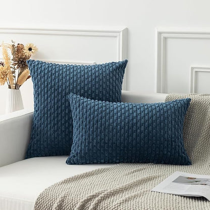 Kevin Textile Pack of 2 Blue Corduroy Decorative Throw Pillow Covers 24x24 Inch Soft Boho Striped Pillow Covers Modern Farmhouse Home Decor for Autumn Sofa Living Room Couch Bed