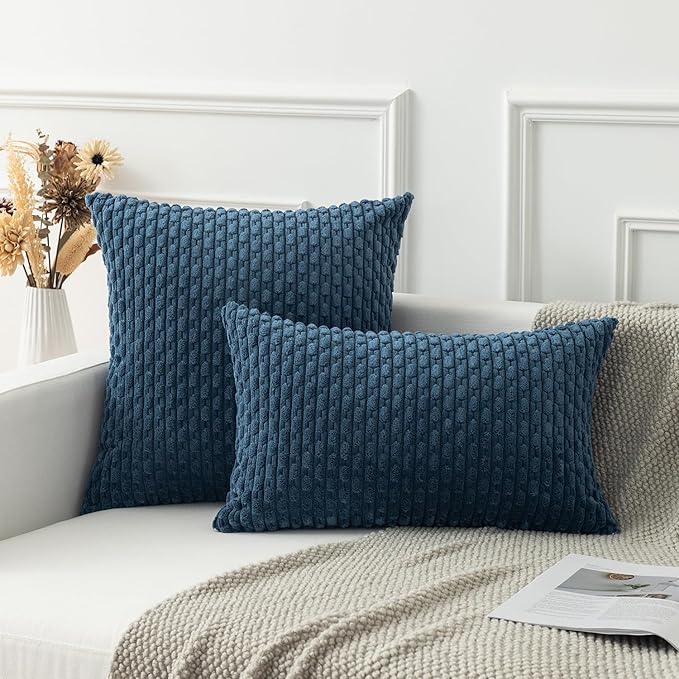 Kevin Textile Pack of 2 Blue Corduroy Decorative Throw Pillow Covers 16x16 Inch Soft Boho Striped Pillow Covers Modern Farmhouse Home Decor for Autumn Sofa Living Room Couch Bed
