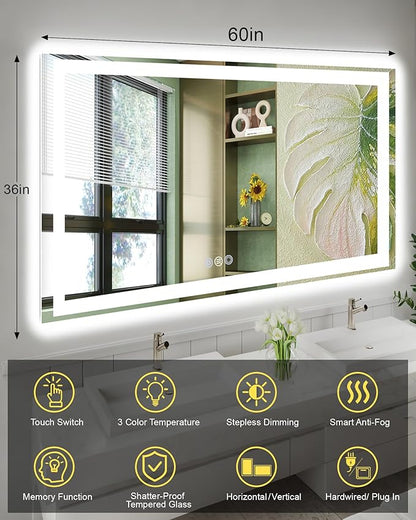 60"x 36" LED Bathroom Mirror with Lights, Front and Backlit Large LED Vanity Mirror, Controlled Separately Wall LED Smart Mirror with 3 Colors, Anti-Fog, Stepless Dimmable, Memory(ETL)