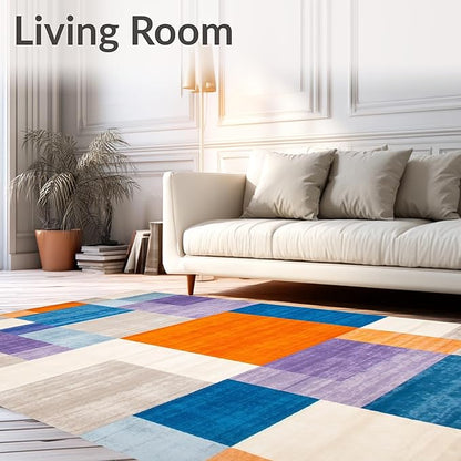 Flatwoven High Traffic Area Rug 5x7, Modern Abstract Color Block Area with Artistic Flair, Non Slip, Stain Resistant, Washable Area Rugs for Living Room, Bedroom (Blue, 5x7)