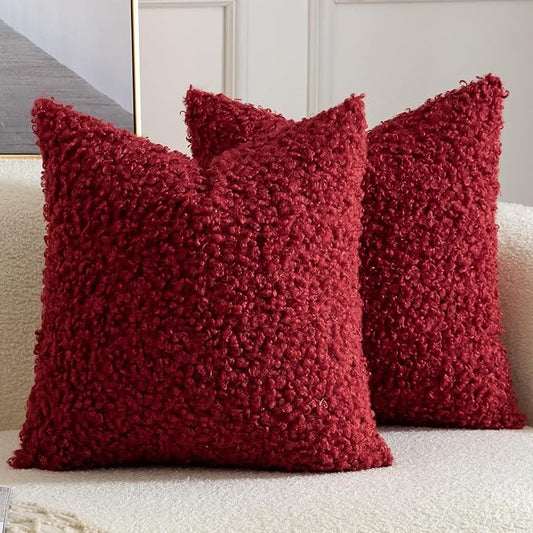 Yaertun Pack of 2 Faux Fur Throw Pillow Covers Decorative Sherpa Boucle Pillow Covers Fuzzy Soft Pillowcases Sheepskin Fleece Cushion Case for Couch Sofa Bed Living Room 26x26 Inch Burgundy