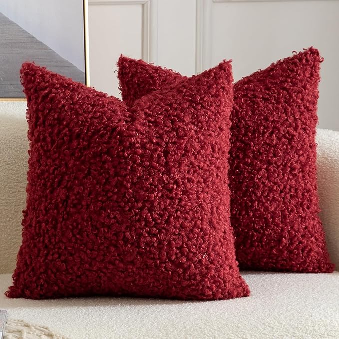 Yaertun Pack of 2 Faux Fur Throw Pillow Covers Decorative Sherpa Boucle Pillow Covers Fuzzy Soft Pillowcases Sheepskin Fleece Cushion Case for Couch Sofa Bed Living Room 16x16 Inch Burgundy