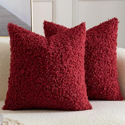Yaertun Pack of 2 Faux Fur Throw Pillow Covers Decorative Sherpa Boucle Pillow Covers Fuzzy Soft Pillowcases Sheepskin Fleece Cushion Case for Couch Sofa Bed Living Room 24x24 Inch Burgundy
