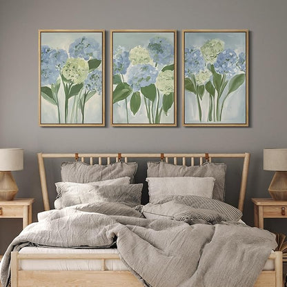MUDECOR Framed Wall Art Print Set Blue Hydrangea Floral Botanical with Green Leaves Illustrations Modern Art Boho Decorative Colorful Chic for Living Room, Bedroom, Office - 24"x36"x3 Natural